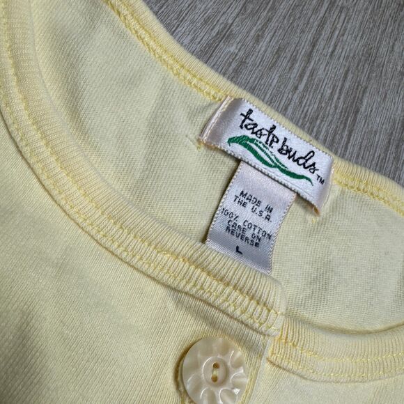Vintage 90s Womens Button Up Beach Shirt Taste Buds USA Yellow Sandals - Picture 3 of 8